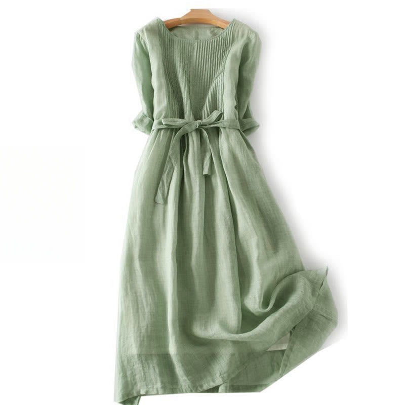 Lässiges, schlichtes Midikleid mit Schnürung, Rundhalsausschnitt, halben Ärmeln und Taschen
