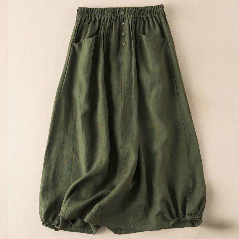 Sommer-Rock mit einfarbigen Knöpfen, elastischer Taille, Länge 7–8, Damen, mit Taschen