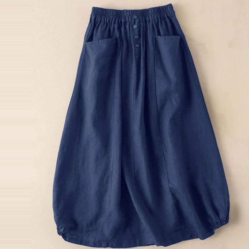 Sommer-Rock mit einfarbigen Knöpfen, elastischer Taille, Länge 7–8, Damen, mit Taschen