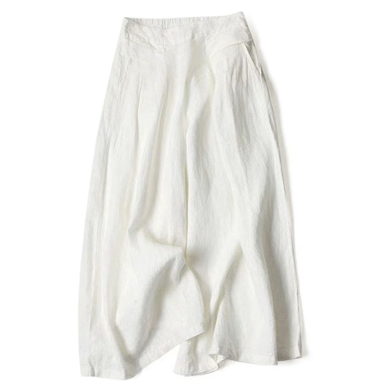 Unifarbene Hose aus Baumwollleinen mit hoher Taille und weitem Bein und Taschen