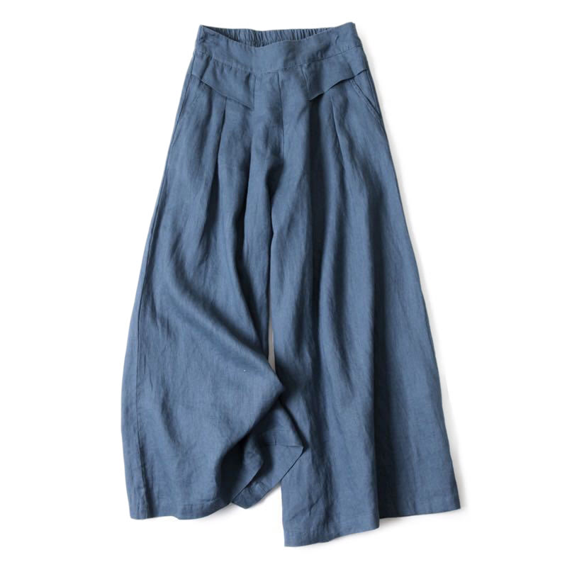Unifarbene Hose aus Baumwollleinen mit hoher Taille und weitem Bein und Taschen