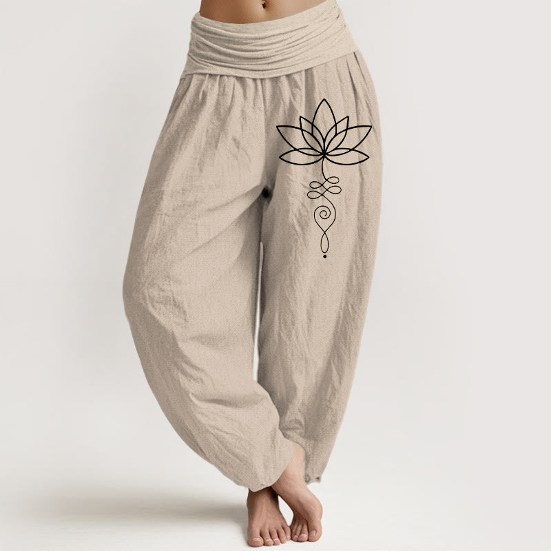 Lotus Unalome Symbol Muster Damen Haremshose aus reiner Baumwolle mit elastischer Taille