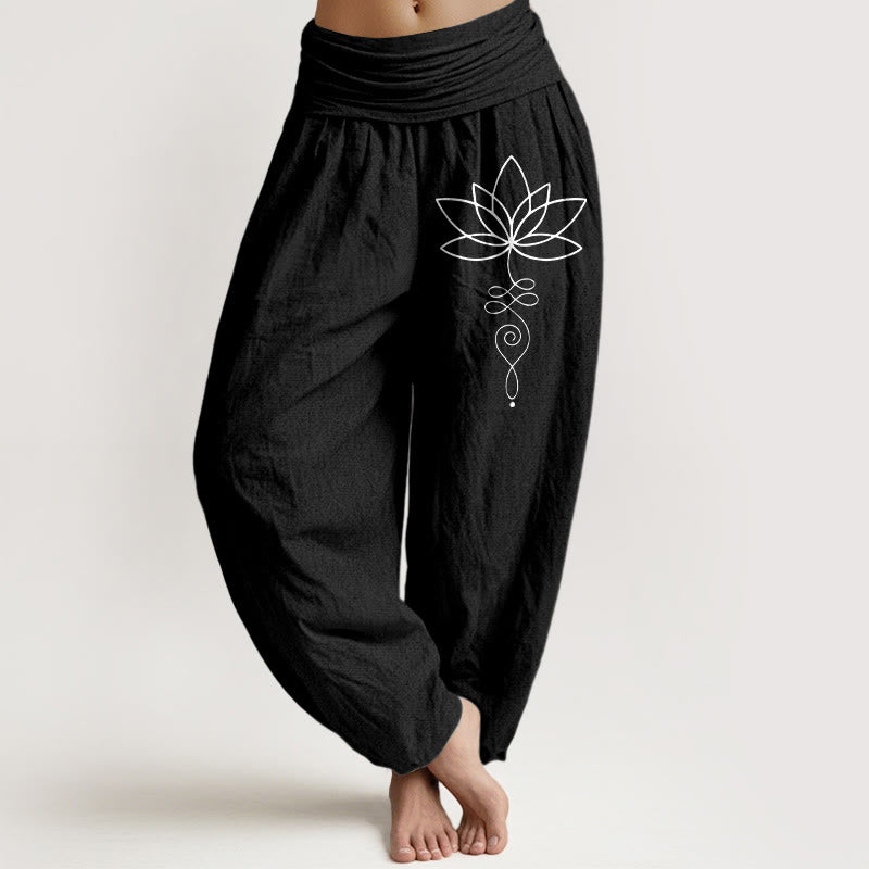 Lotus Unalome Symbol Muster Damen Haremshose aus reiner Baumwolle mit elastischer Taille