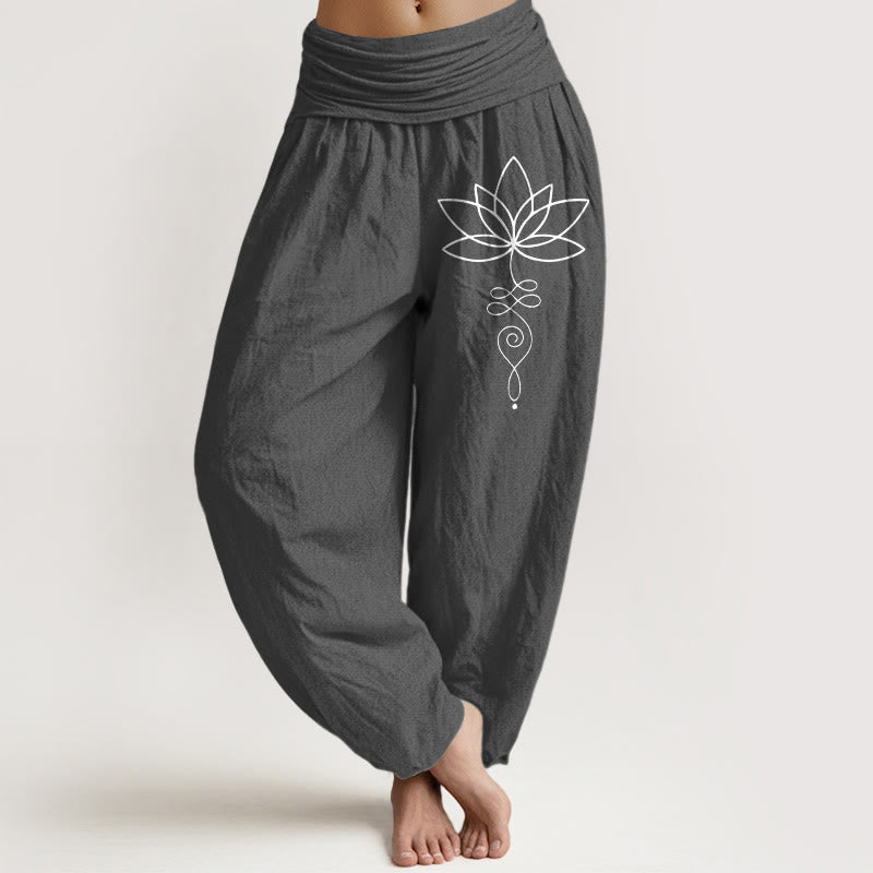 Lotus Unalome Symbol Muster Damen Haremshose aus reiner Baumwolle mit elastischer Taille