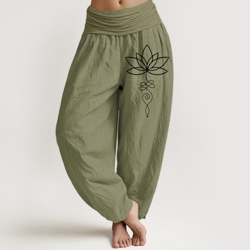 Lotus Unalome Symbol Muster Damen Haremshose aus reiner Baumwolle mit elastischer Taille
