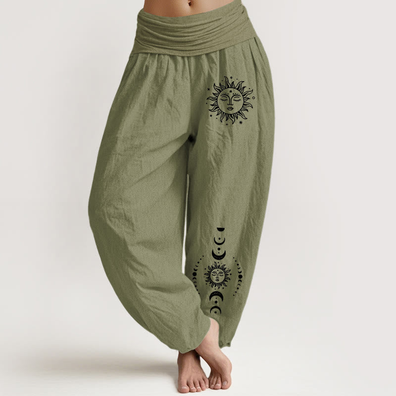 Sun Moon Stars Pattern Damen Haremshose aus reiner Baumwolle mit elastischer Taille