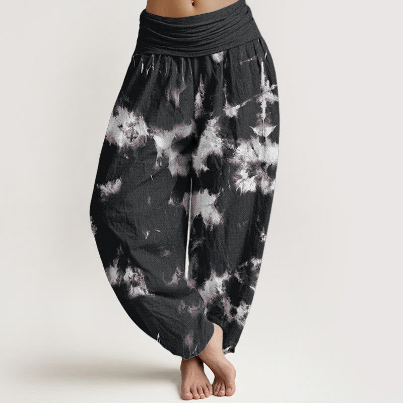 Baumwolle, weiße Linien und Punkte, Batikmuster, Damen-Haremshose mit elastischem Bund
