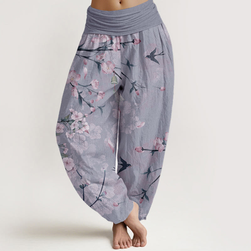 Damen-Haremshose aus reiner Baumwolle mit Pfirsichblüten- und fliegenden Gänsemuster und elastischer Taille