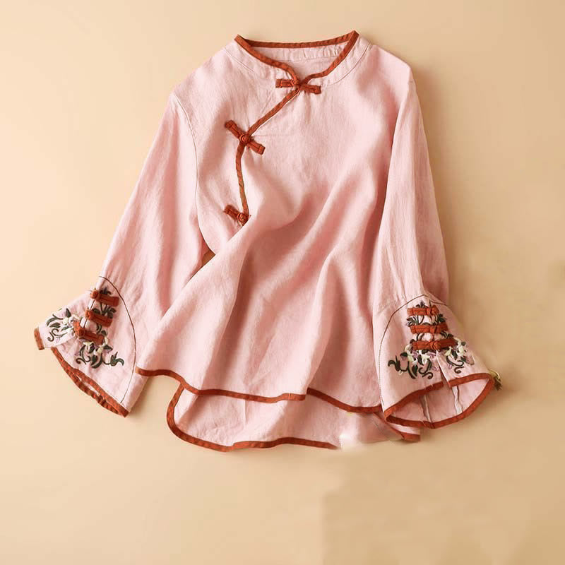 Langarm-Damenshirt, Retro-Blumenstickerei-Design