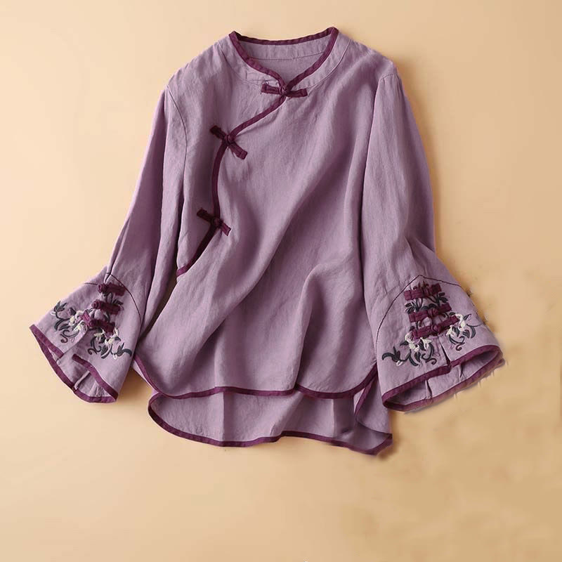 Langarm-Damenshirt, Retro-Blumenstickerei-Design