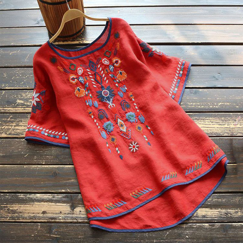 Retro Künstlerische Stickerei Blumenmuster Rundhals Damen Baumwolle Leinen Kurzarm T-Shirt