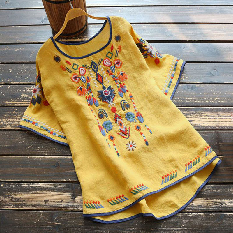 Retro Künstlerische Stickerei Blumenmuster Rundhals Damen Baumwolle Leinen Kurzarm T-Shirt