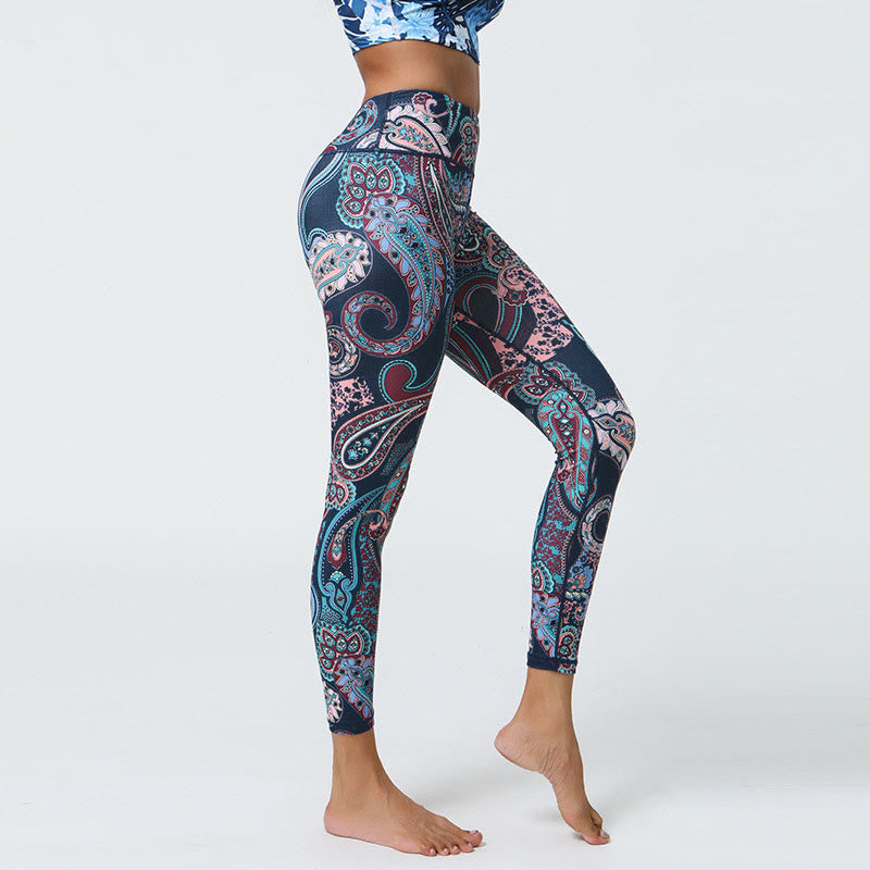 Leggings, Blumen, Federn, Sonne und Mond-Print, Sport, Fitness- und Yoga-Leggings mit hohem Bund für Damen