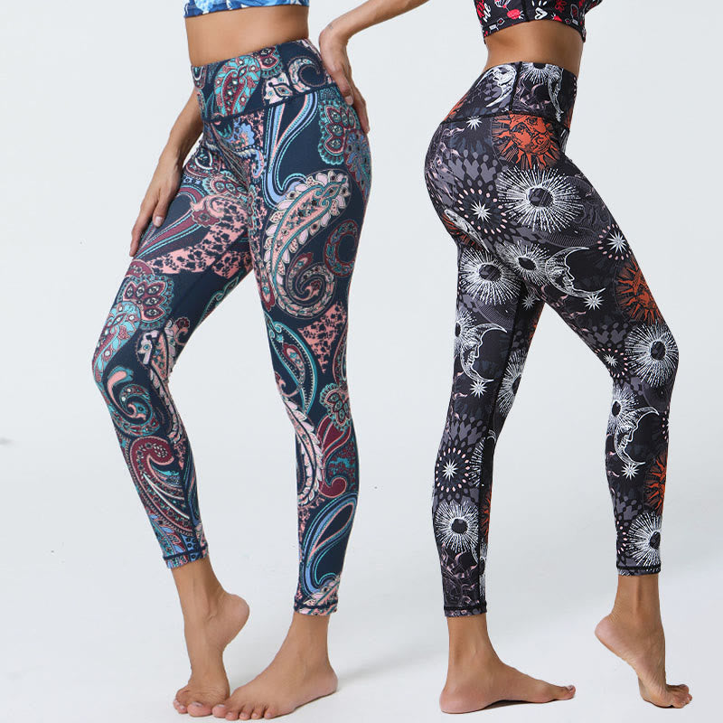 Leggings, Blumen, Federn, Sonne und Mond-Print, Sport, Fitness- und Yoga-Leggings mit hohem Bund für Damen