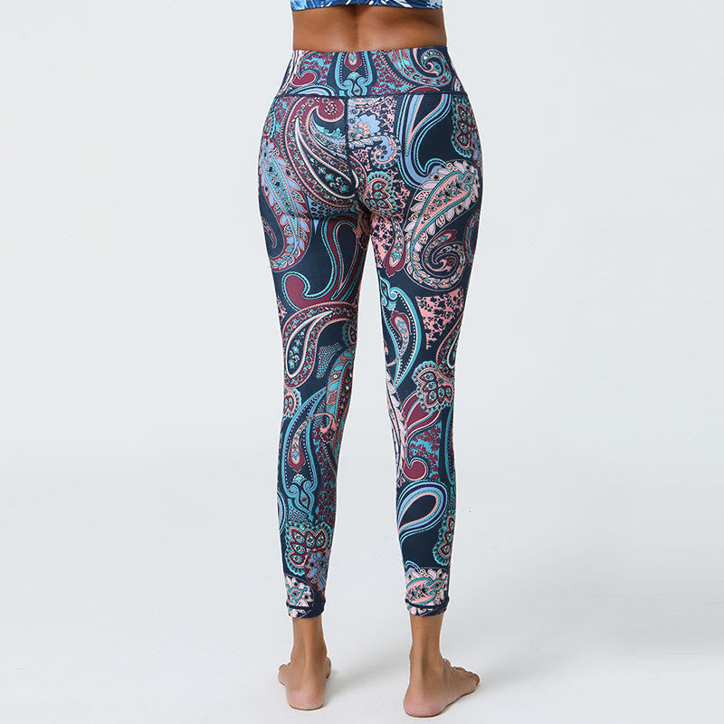 Leggings, Blumen, Federn, Sonne und Mond-Print, Sport, Fitness- und Yoga-Leggings mit hohem Bund für Damen