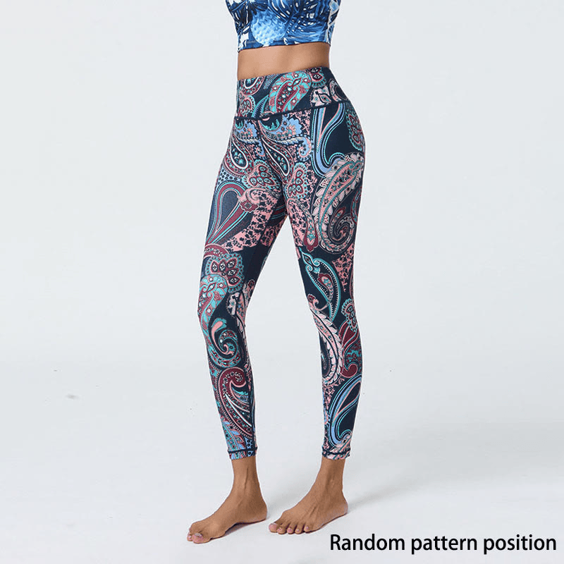 Leggings, Blumen, Federn, Sonne und Mond-Print, Sport, Fitness- und Yoga-Leggings mit hohem Bund für Damen