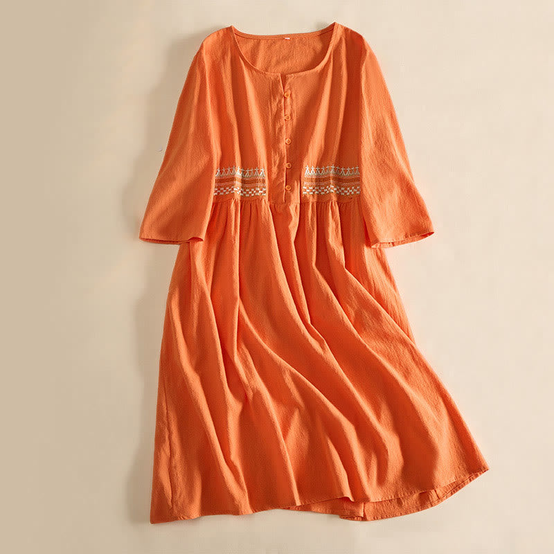 Stickerei, geometrisches Muster, halblange Ärmel, Damen-Midikleid mit Taschen