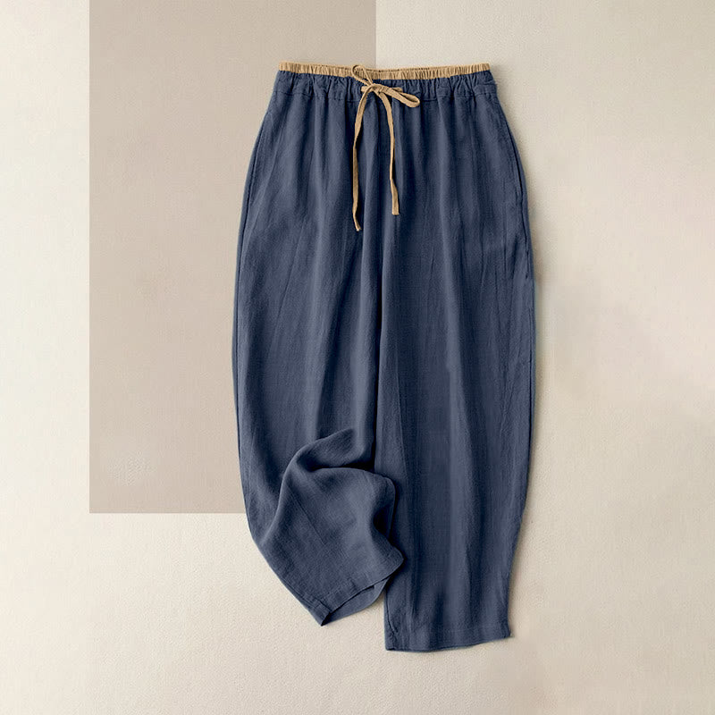 Lässige, einfarbige Damenhose aus Baumwollleinen mit Kordelzug und Taschen