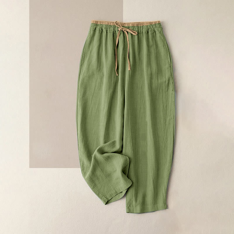 Lässige, einfarbige Damenhose aus Baumwollleinen mit Kordelzug und Taschen
