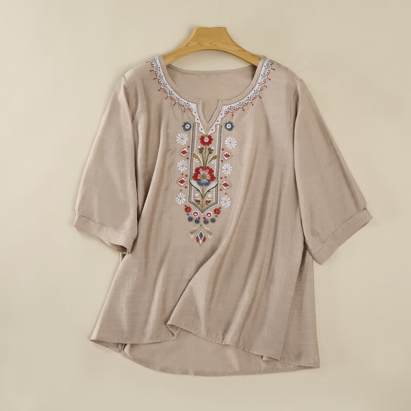 Frühlings-Boho-T-Shirts mit Stickerei und ellbogenlangen Ärmeln für Damen