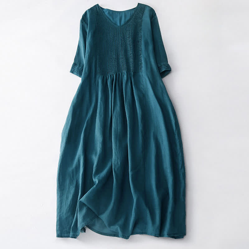 Lässiges, plissiertes Midikleid mit V-Ausschnitt, kurzen Ärmeln und Taschen