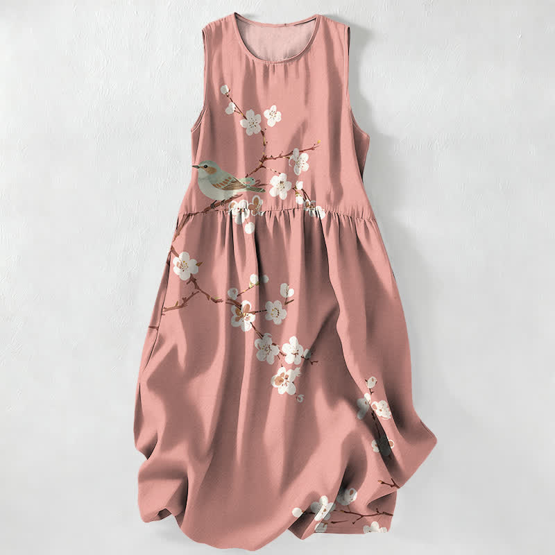 Lässiges, sommerliches, ärmelloses Midikleid für Damen mit Blüten, Vogel- und Zweigmuster und Taschen