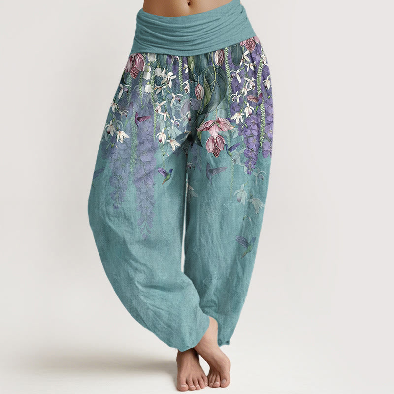Damen-Haremshose aus reiner Baumwolle mit Orchideen- und Vogelmuster, elastischer Bund
