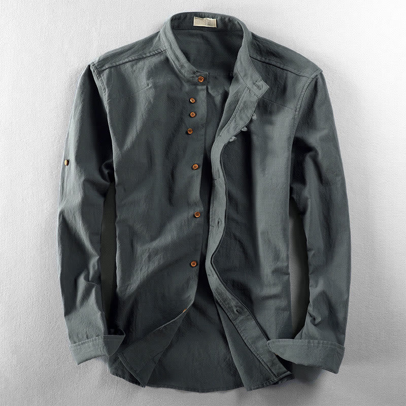 Slim Fit Design Stehkragen Rundhals Baumwoll-Leinen Herren Langarmhemd