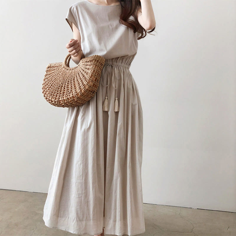Casual Eastic Kurzarm-Midikleid mit Kordelzug in der Taille
