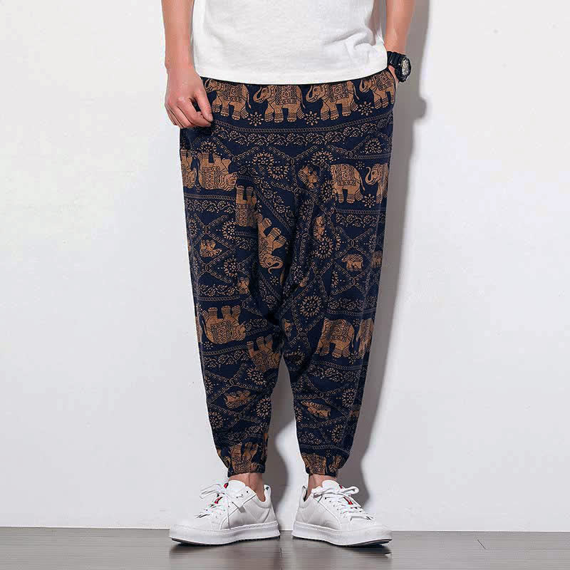 Elephant Braun Schwarz Print Herren Lange Cropped Haremshose mit Taschen
