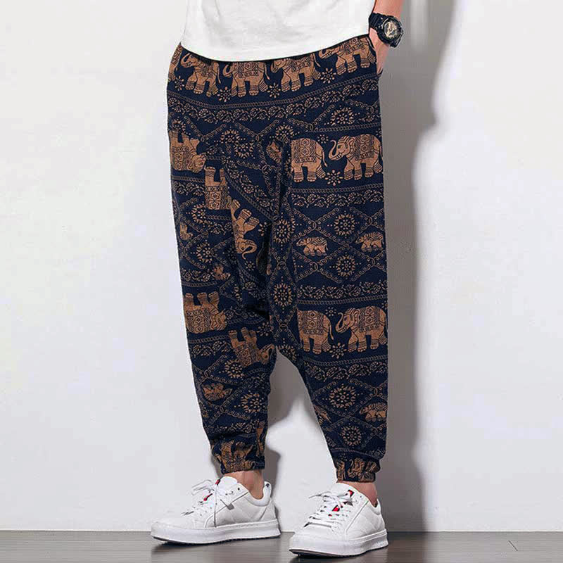 Elephant Braun Schwarz Print Herren Lange Cropped Haremshose mit Taschen