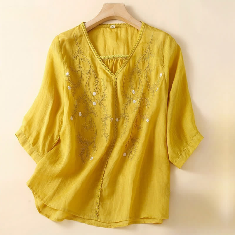 Sommer-Freizeit-T-Shirt mit Blumenzweig-Stickerei, V-Ausschnitt und halben Ärmeln für Damen