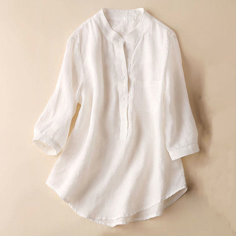 Lässiges Damen-Shirt mit V-Ausschnitt und Dreiviertelärmeln, einfarbig, aus Baumwolle und Leinen