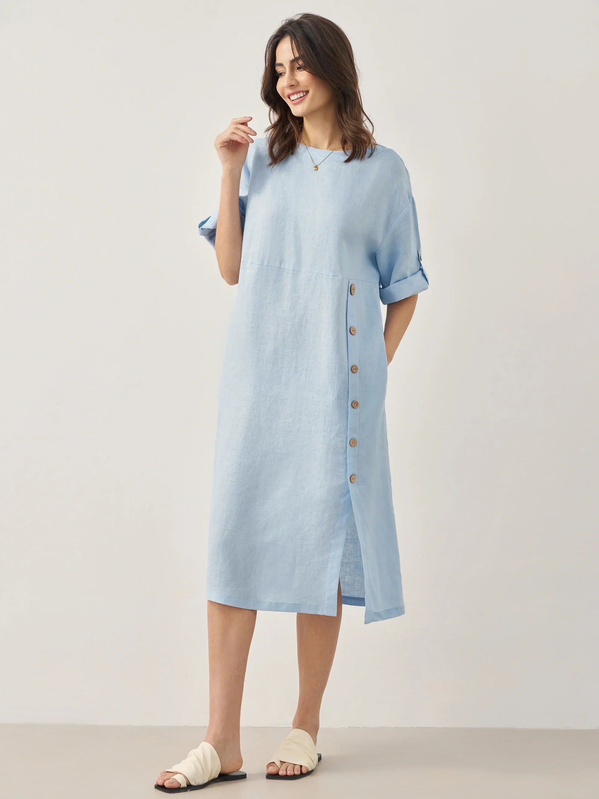Linnen Midi-jurk met Knoopdetail