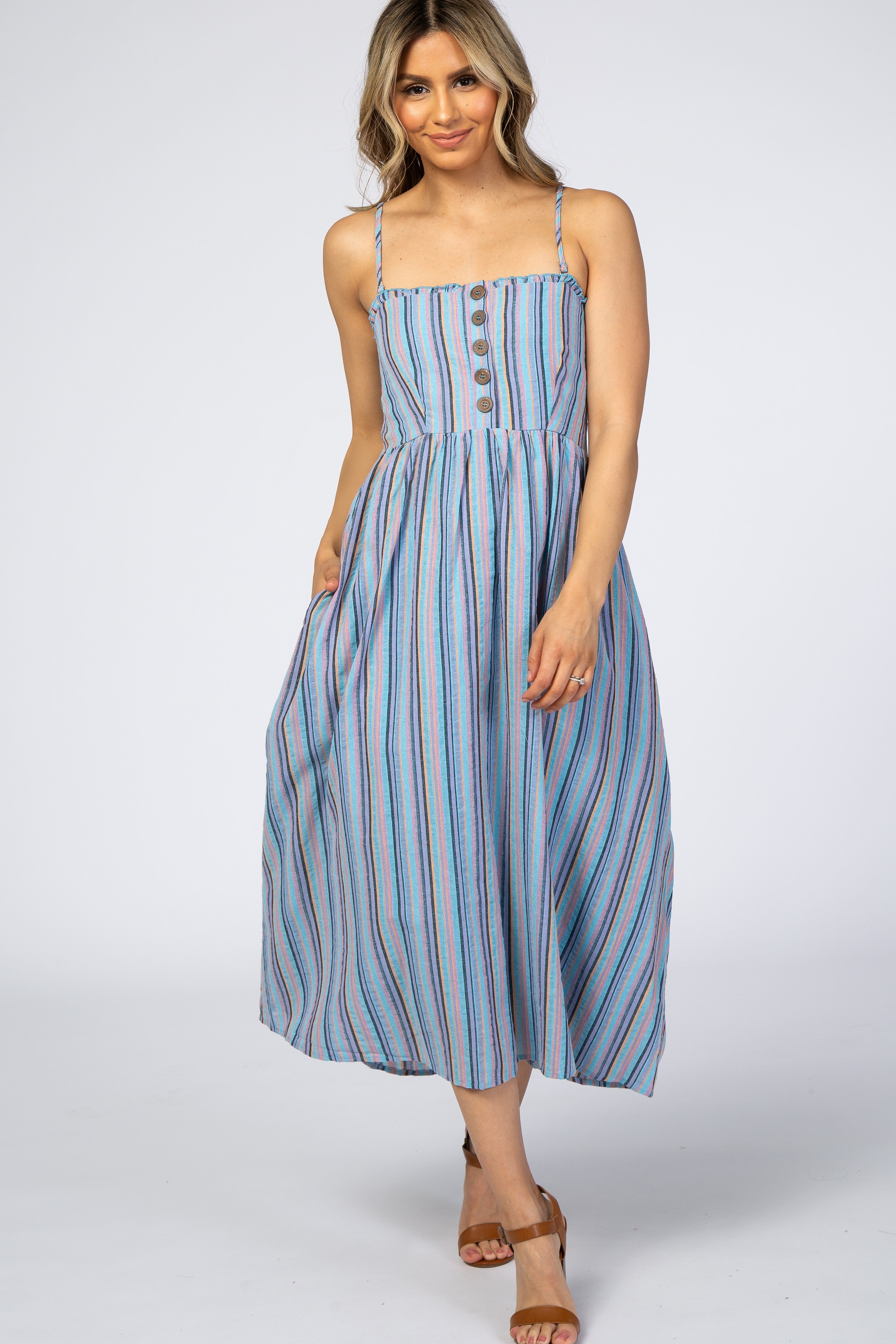 Gestreiftes Umstands-Midikleid mit Knopfleiste