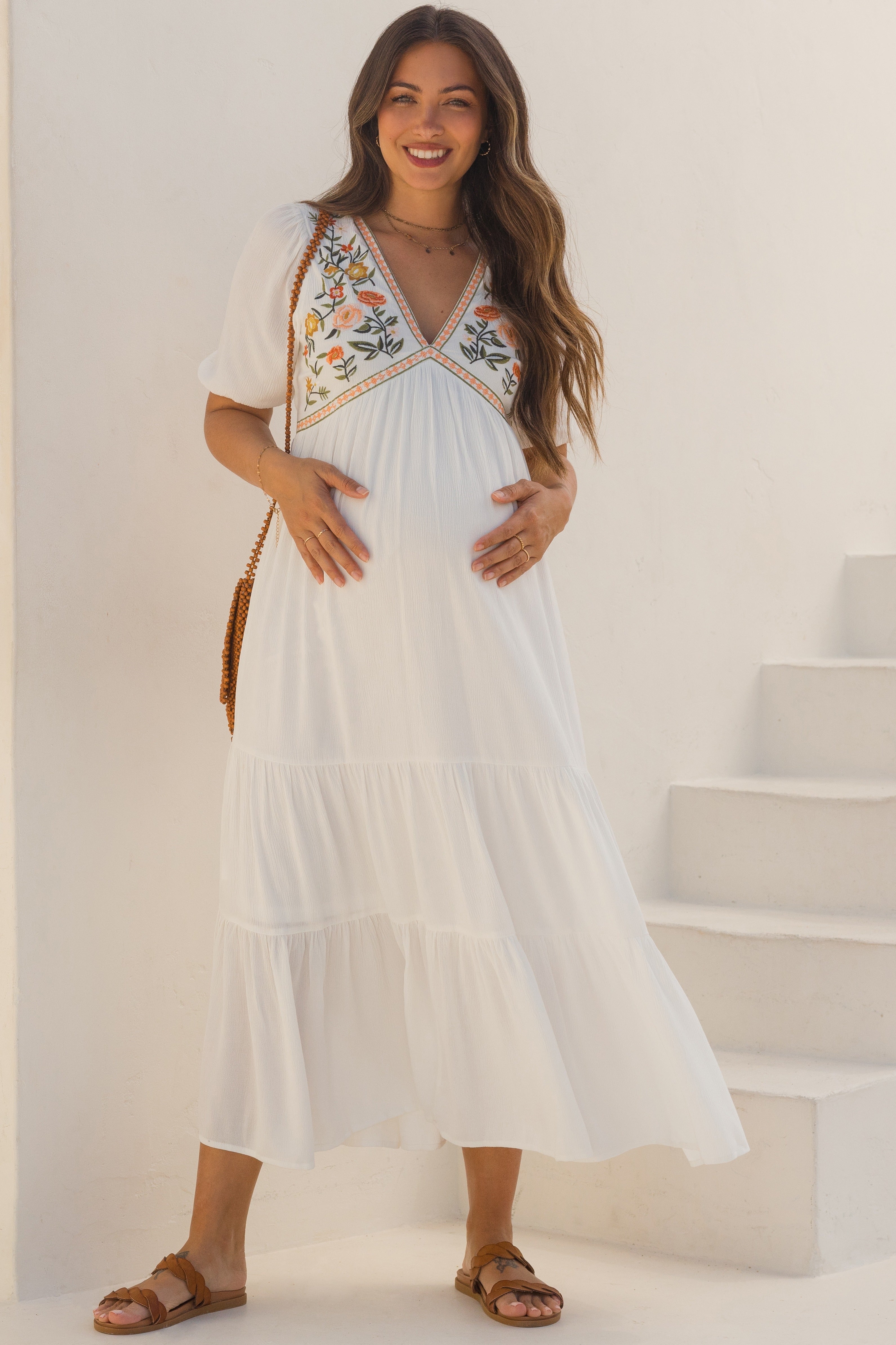 Umstands-Midikleid mit Blumenstickerei in Elfenbein