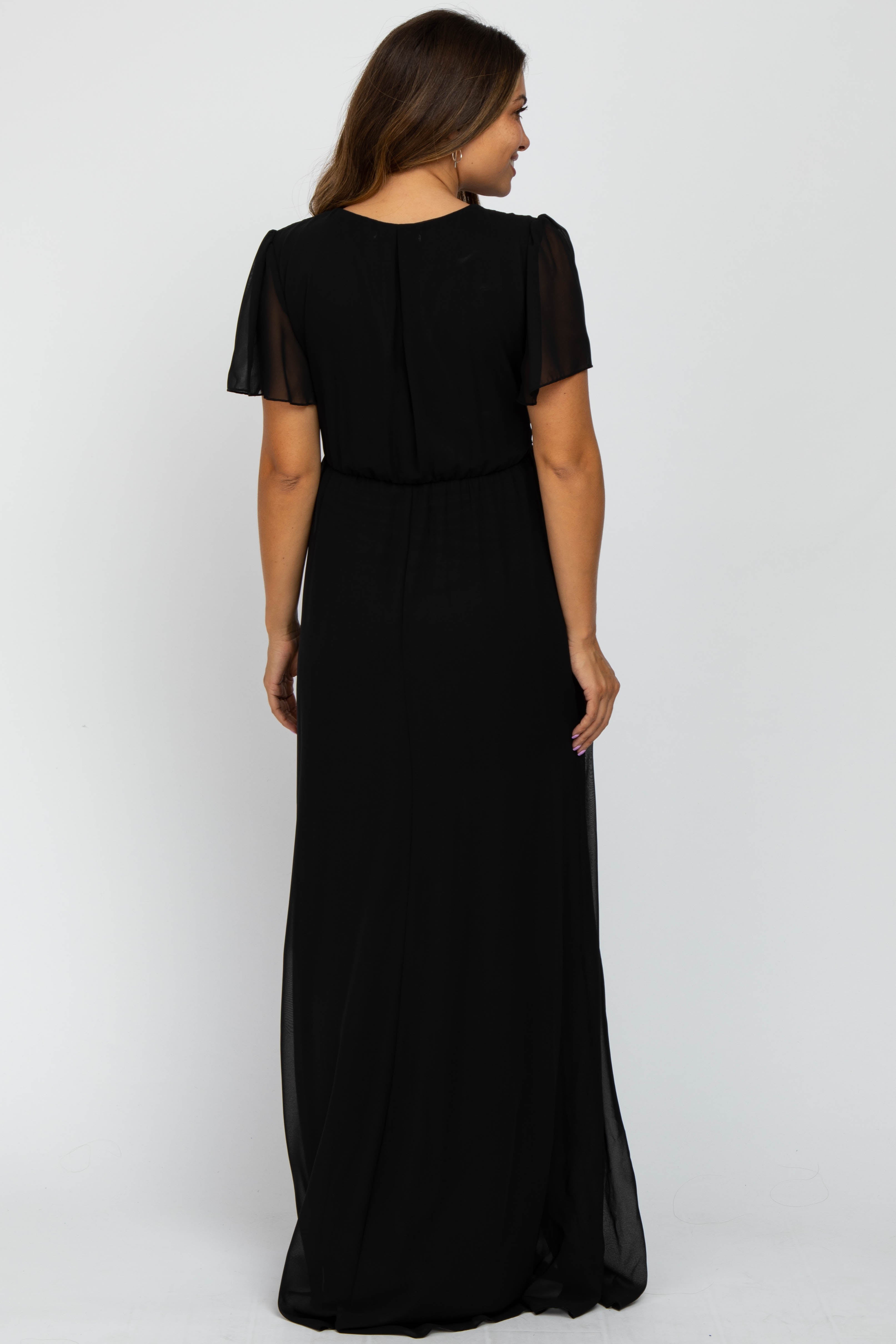 Umstandsmaxikleid aus Chiffon mit kurzen Ärmeln in Schwarz