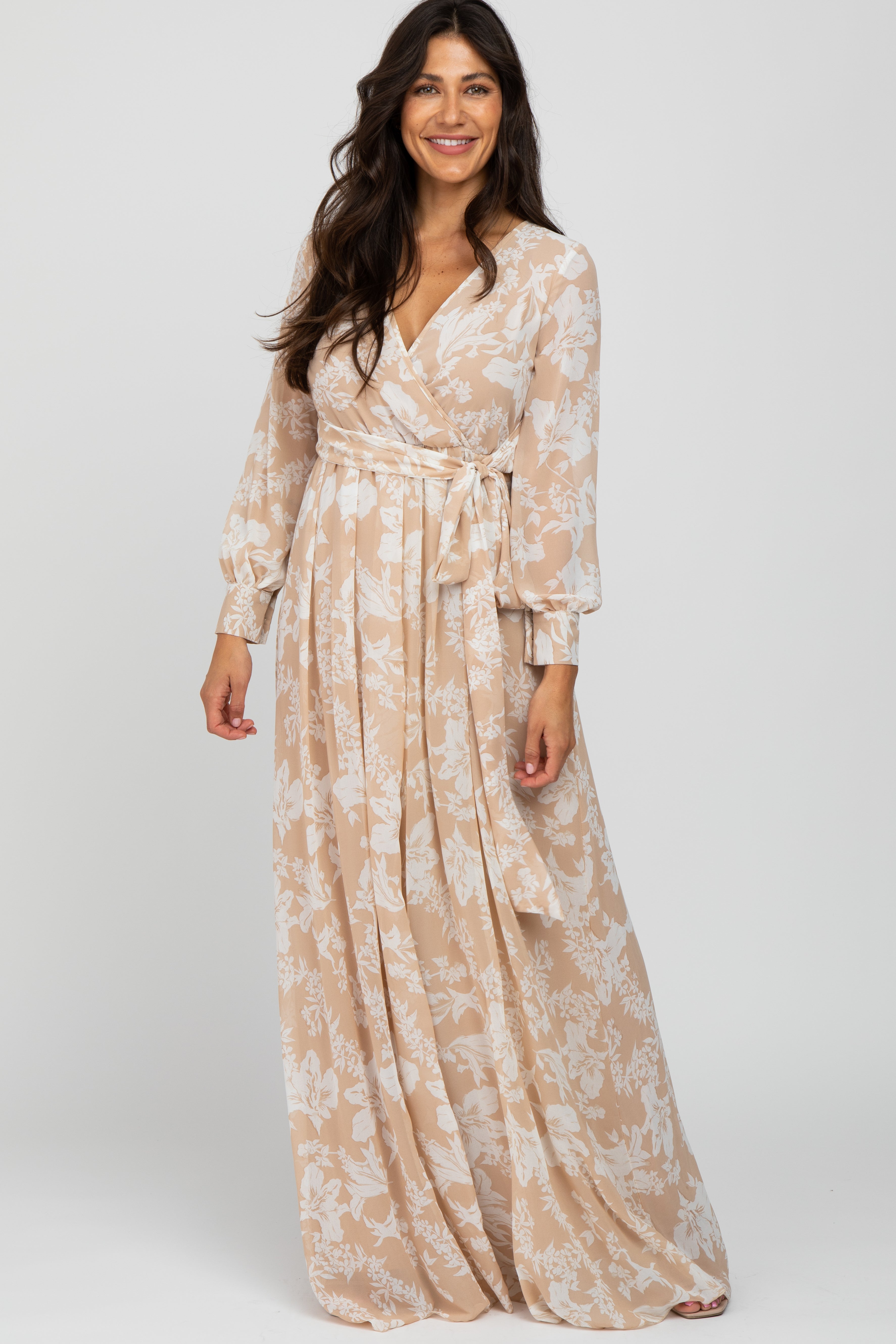Umstandsmaxikleid aus Chiffon mit Blumenmuster in Taupe