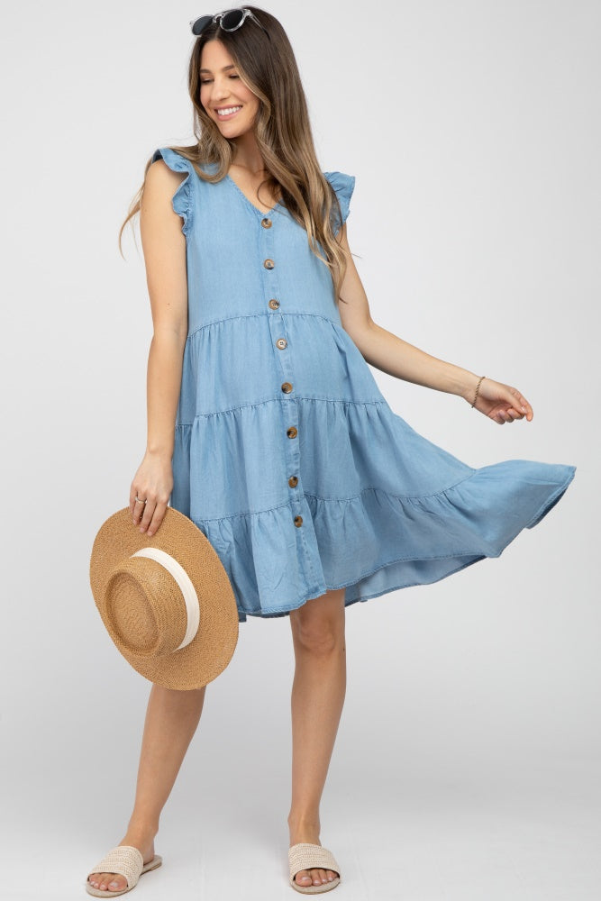 Gestuftes Umstandskleid aus Chambray in Hellblau mit Knopfleiste