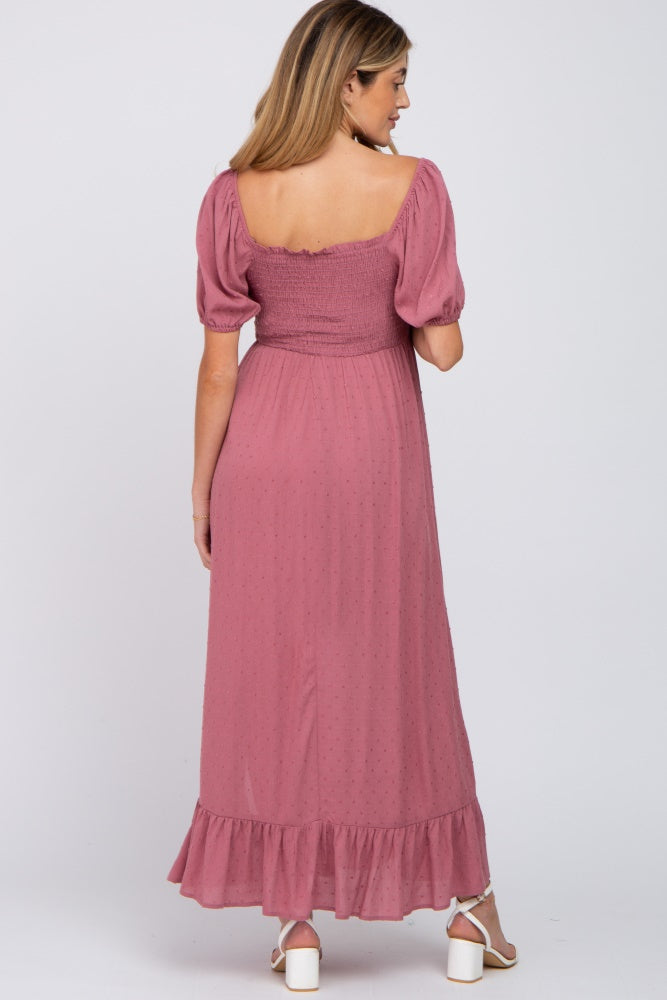 Umstands-Maxikleid in Mauve mit Punktmuster, eckigem Ausschnitt und Smok-Mieder