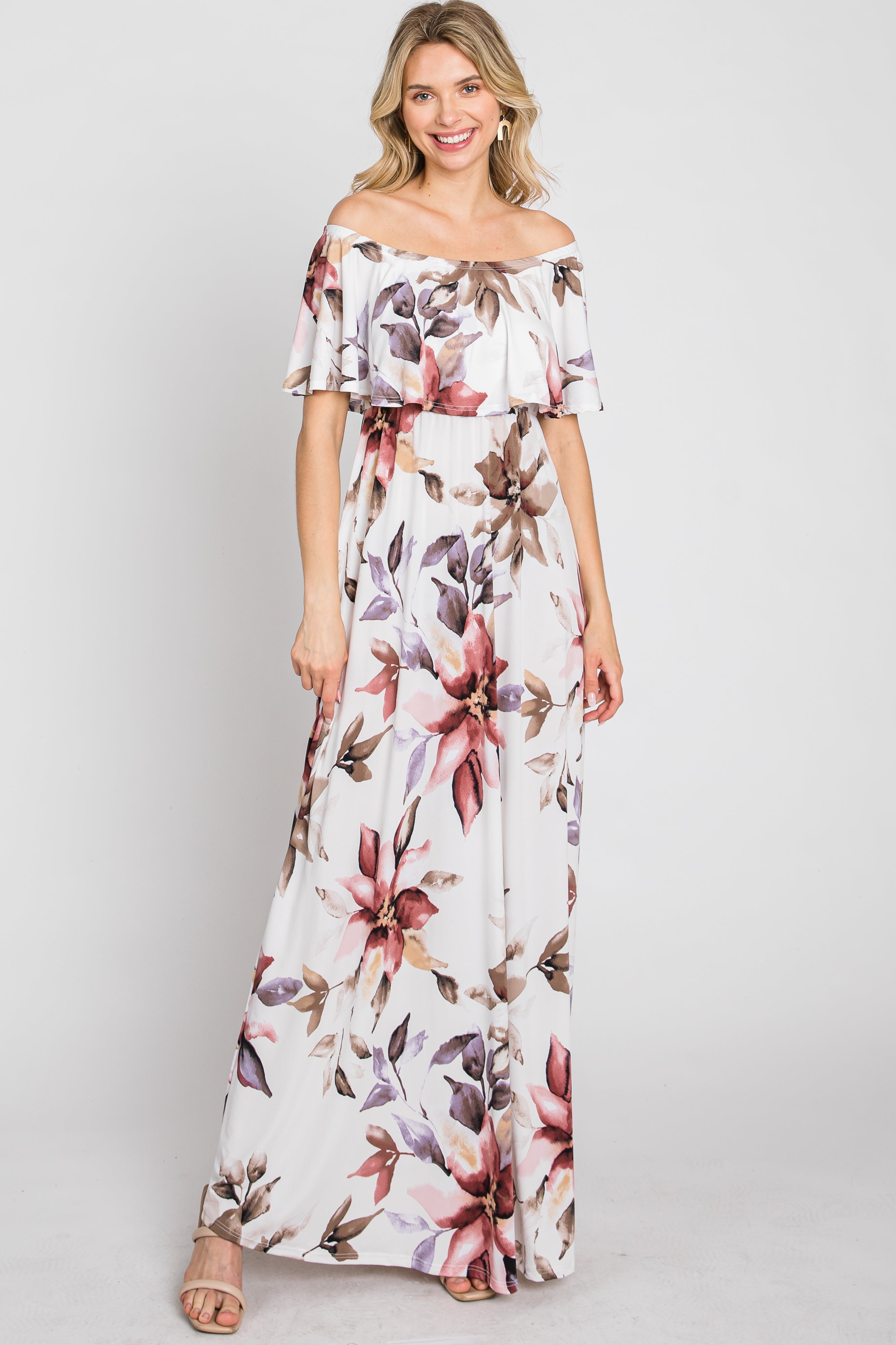 Geblümtes, schulterfreies Umstands-Maxikleid in Elfenbein