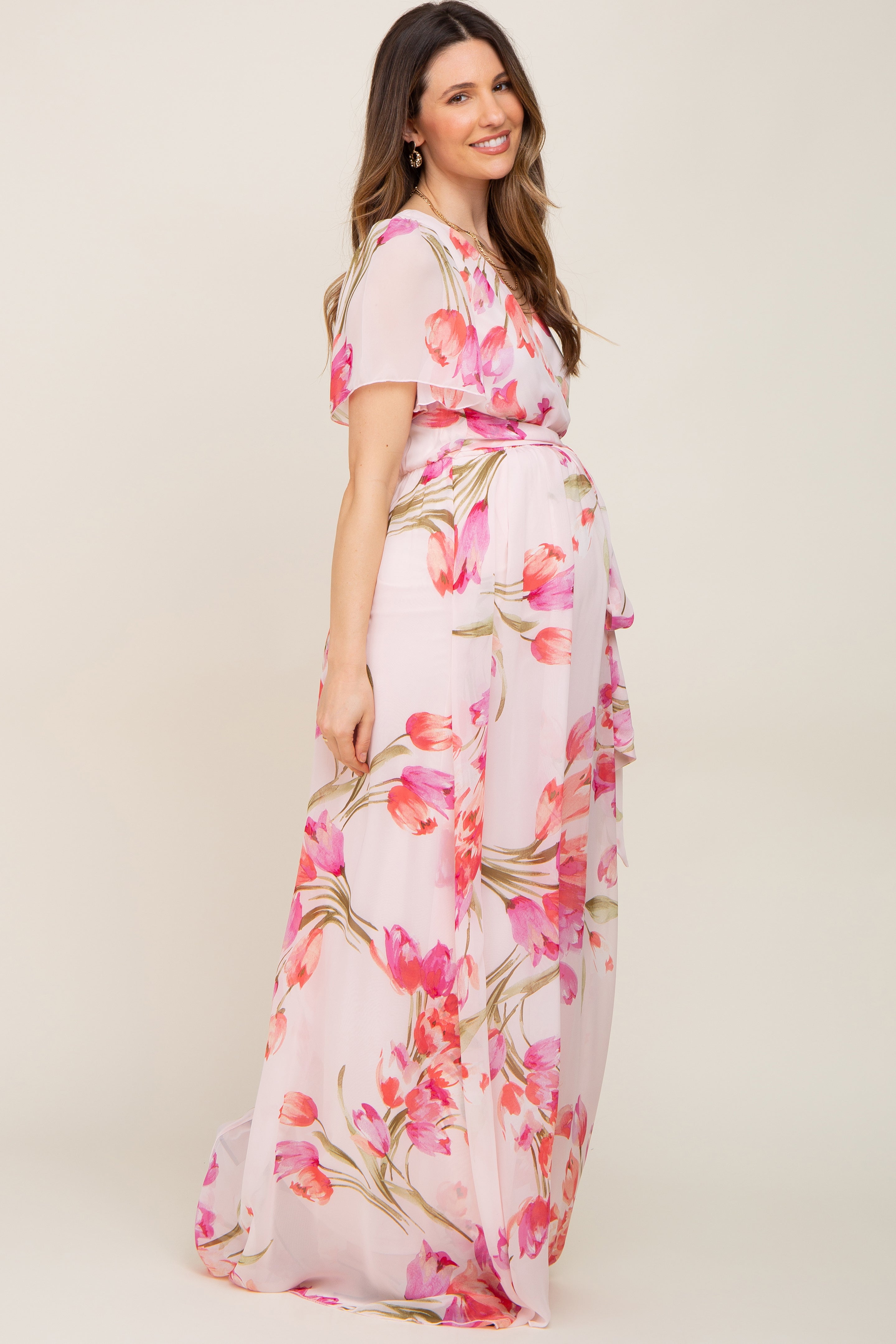 Umstandsmaxikleid aus Chiffon mit Tulpen-Blumenmuster und Wickeloptik