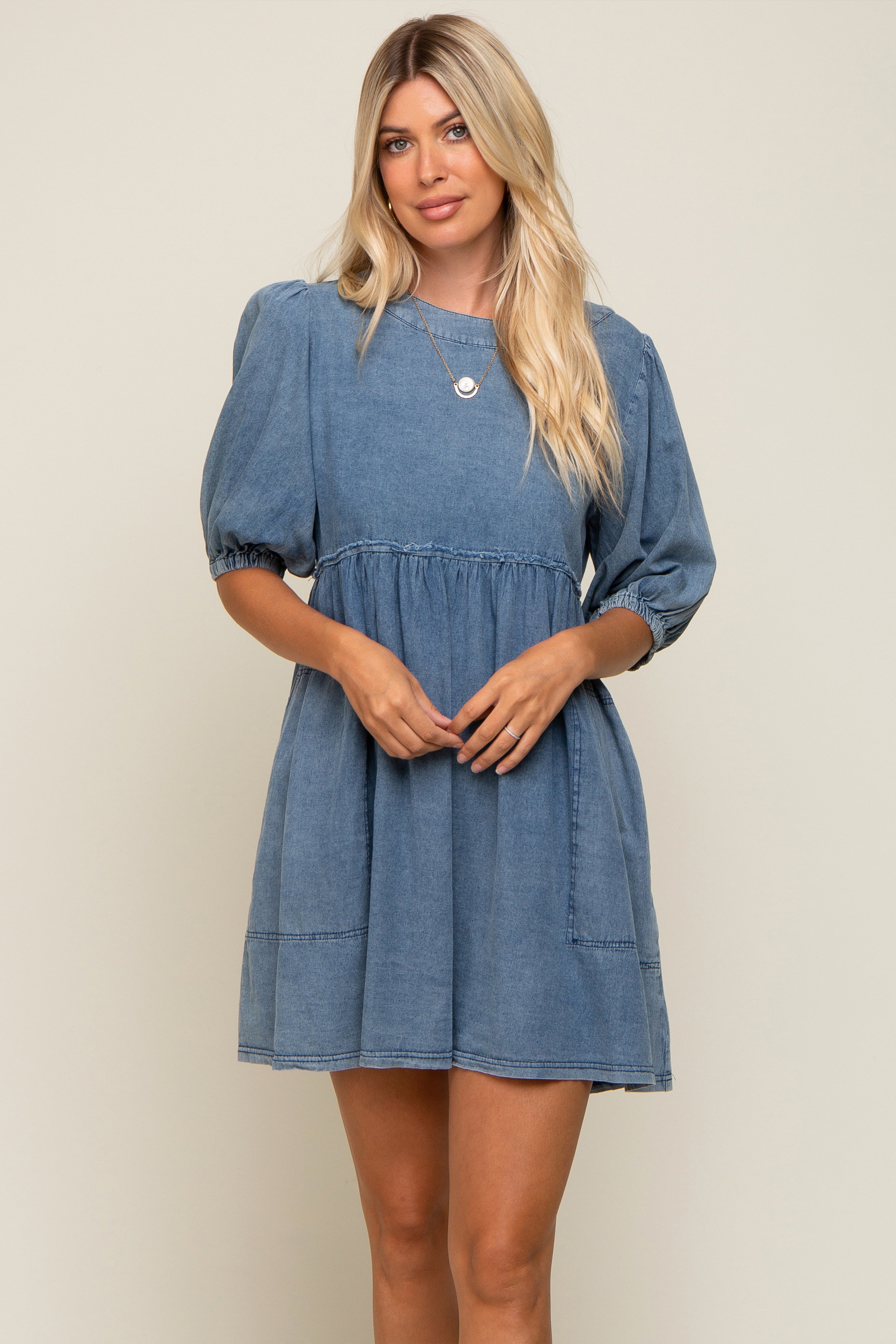 Umstands-Minikleid aus Chambray in verwaschenem Denim-Look in Blau