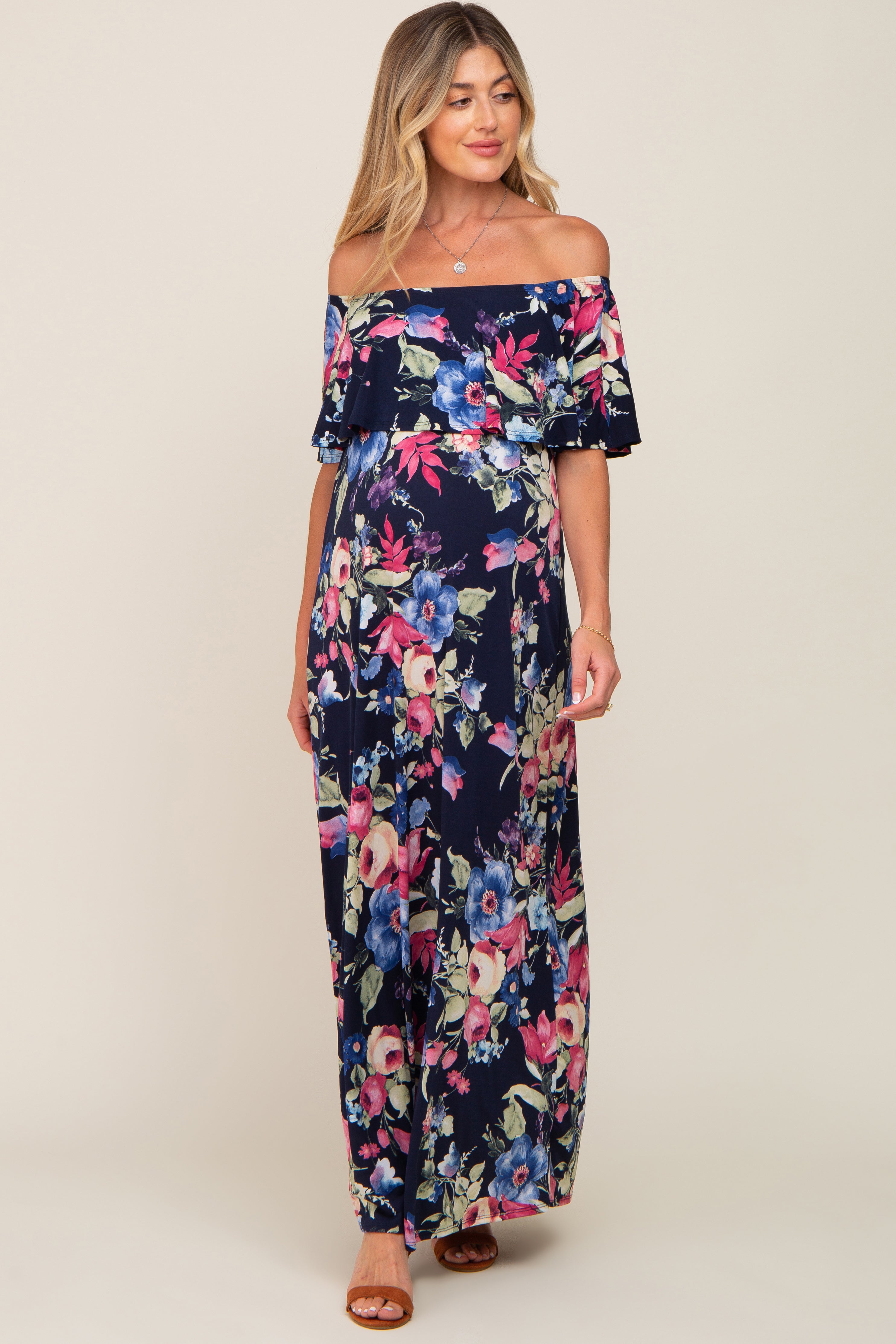 Umstandsmaxikleid mit Blumenmuster und schulterfreiem Volant