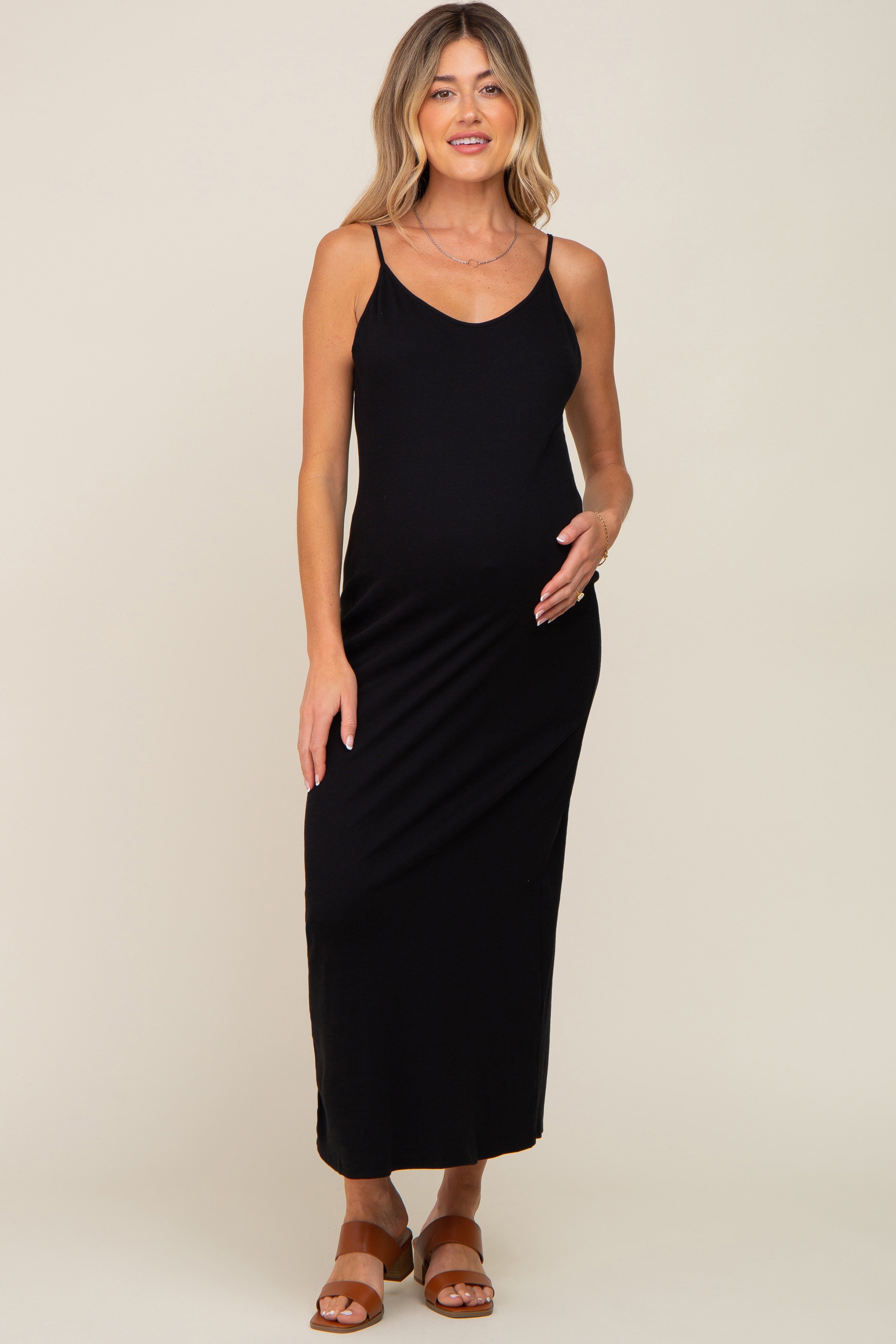 Geripptes ärmelloses Umstandsmaxikleid