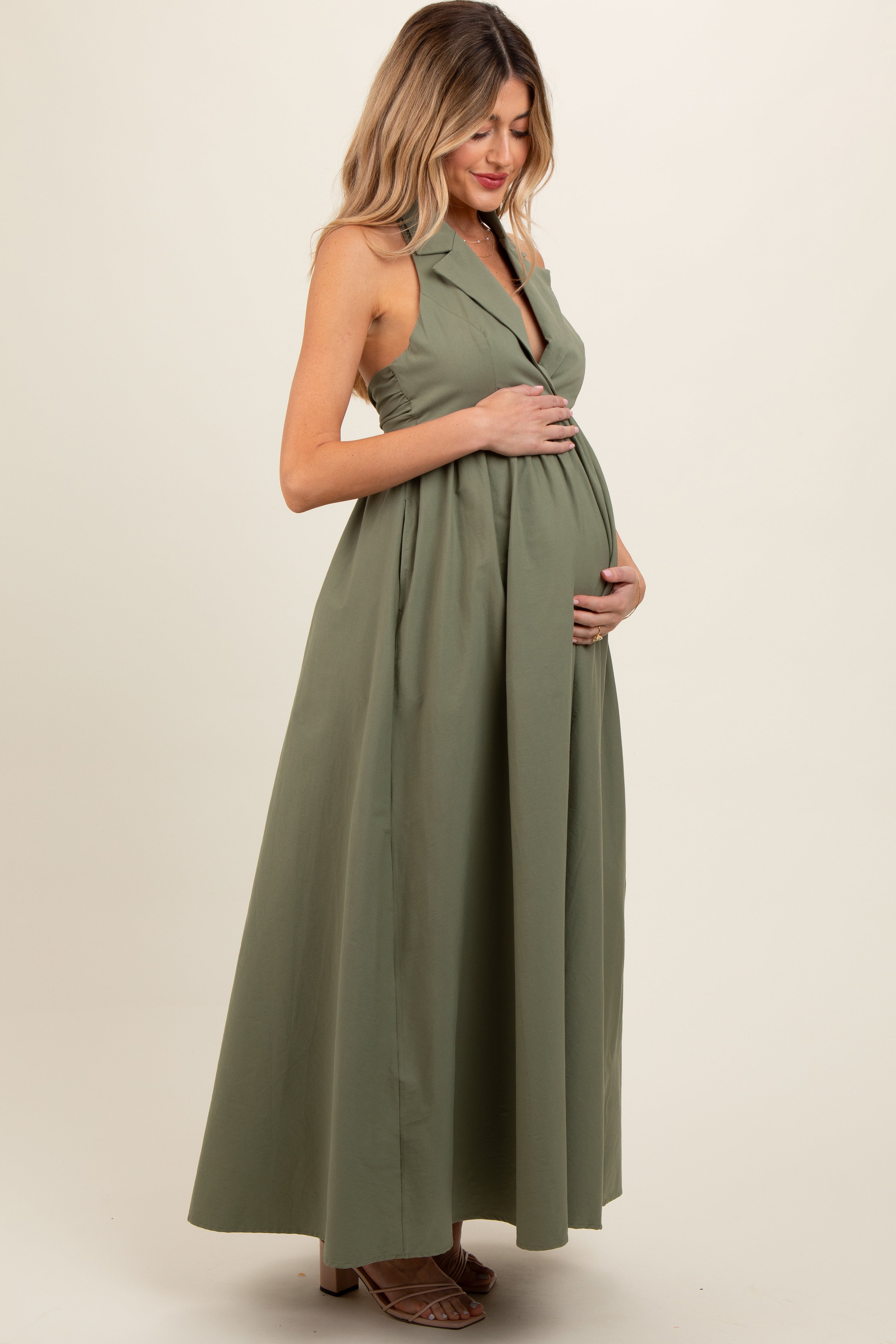 Umstandsmaxikleid mit Kragen, Neckholder und Rückenschnürung in Helloliv