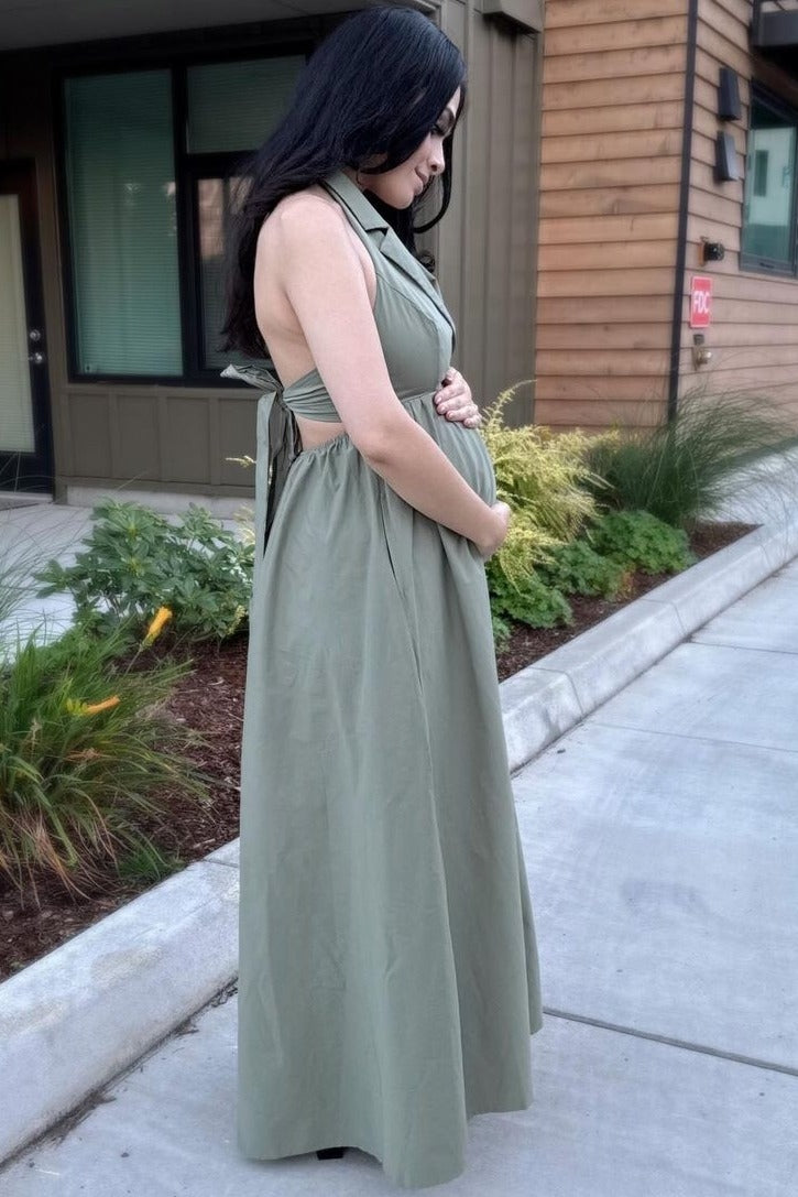 Umstandsmaxikleid mit Kragen, Neckholder und Rückenschnürung in Helloliv