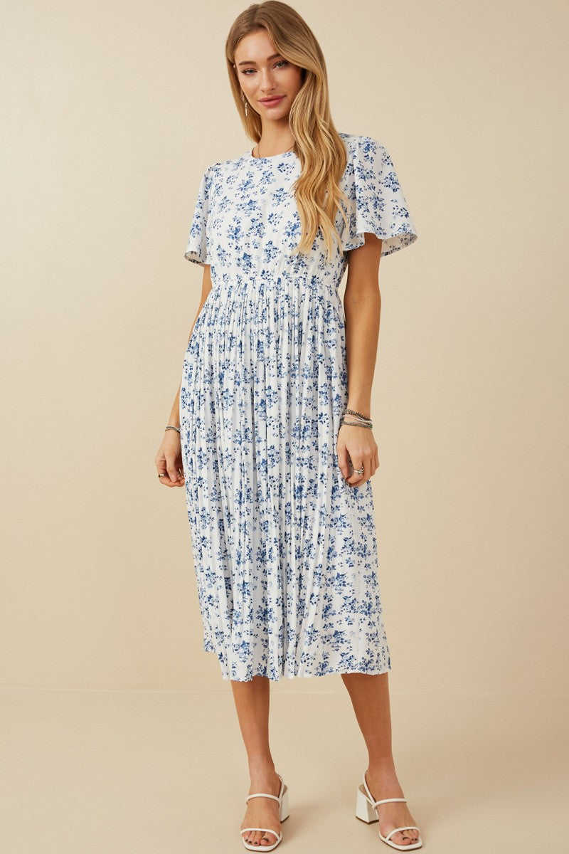 Plissiertes Umstands-Midikleid mit Blumenmuster in Blau