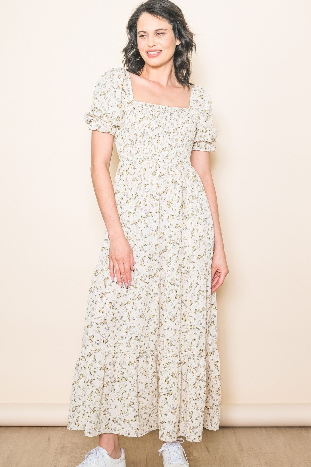 #Farbe_Creme geblümt Puffärmel Maxi