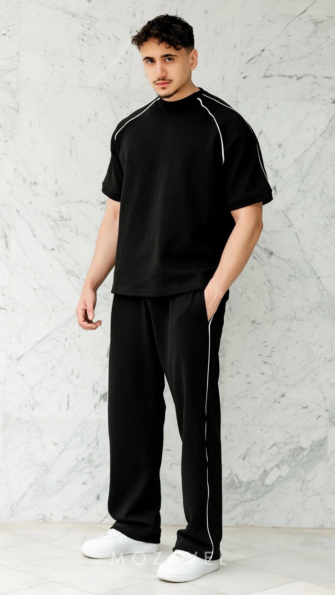 Herren Set „Nova“ – T-Shirt & Hose mit Paspel Schwarz